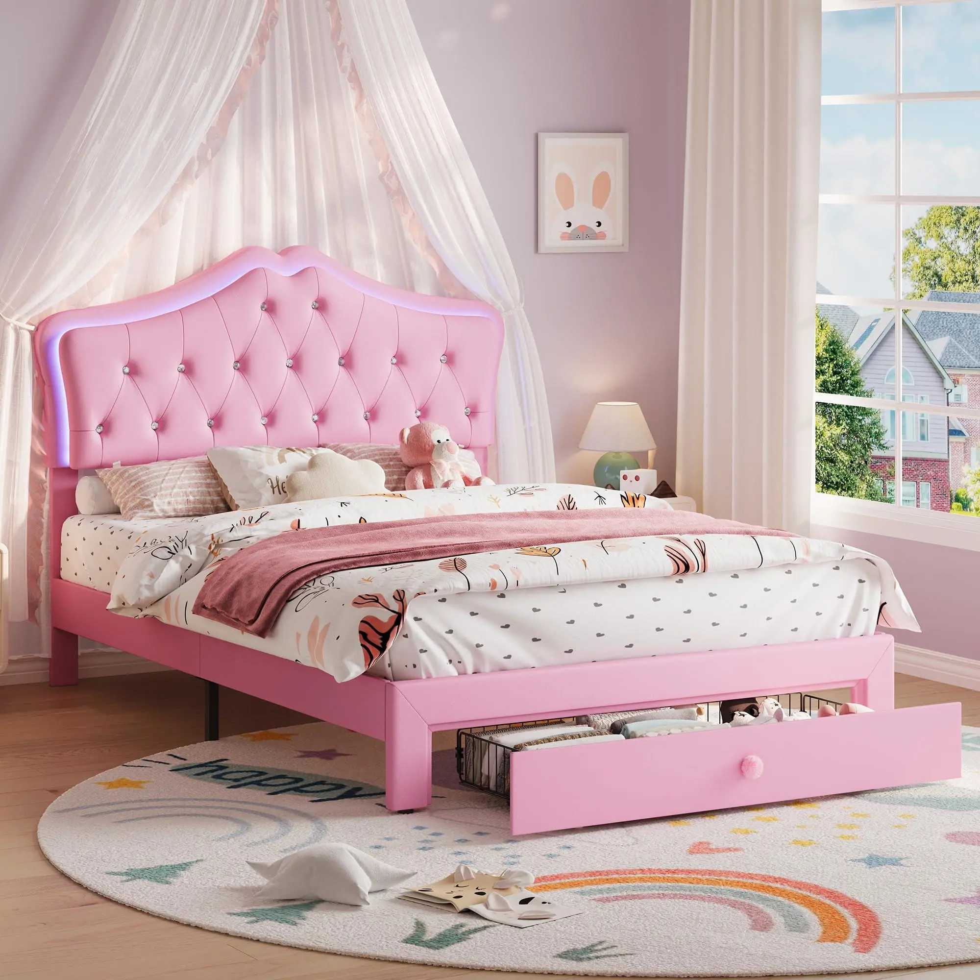 GARVEE Blush Pink Velvet Full-Size Platform Bed Frame - LED Lighting Headboard, Crystal Buttons, Storage Drawers, Noise-Free, Box-Free for Kids