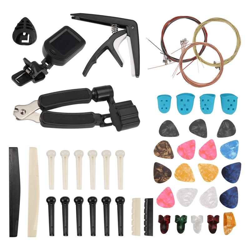 65 PCS Guitar Accessories Kit with Guitar Strings, Tuner, Capo, Picks, Pick Holder, Thumb Finger Picks, Bridge Pins