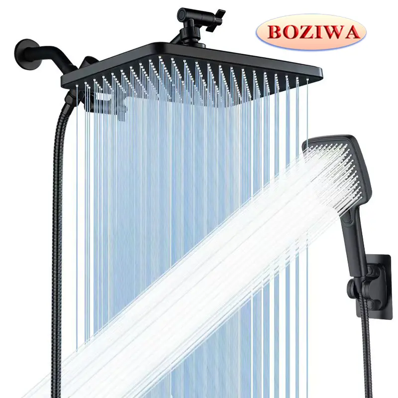 Thick ABS Adjustable Rainfall Shower Head Set - 11.8'' New Upgraded Dual Showerhead Combo with 3-Mode Handheld Spray, 9.65'' Angleaim Swivel Extension Arm, 59'' Hose, Holder, 3-Way Water, Leak-Proof Washer, Teflon Tape, Dual Set