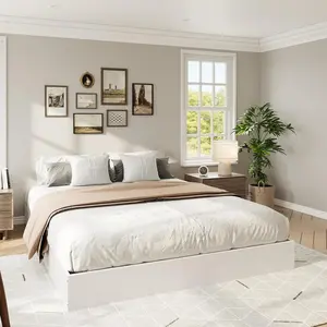 Solid Wood Platform Bed with Sturdy Wooden Slats, Full Size Floor-Standing Bed Frame, Minimalist Design Space-Saving, No Box Spring Needed,White