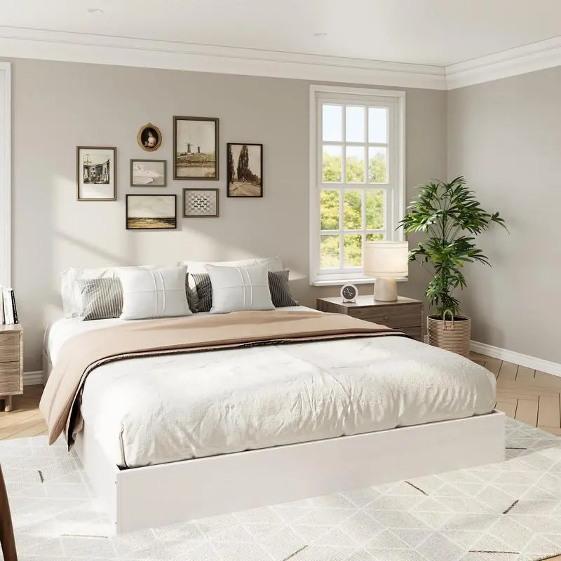 Solid Wood Platform Bed with Sturdy Wooden Slats, Full Size Floor-Standing Bed Frame, Minimalist Design Space-Saving, No Box Spring Needed,White