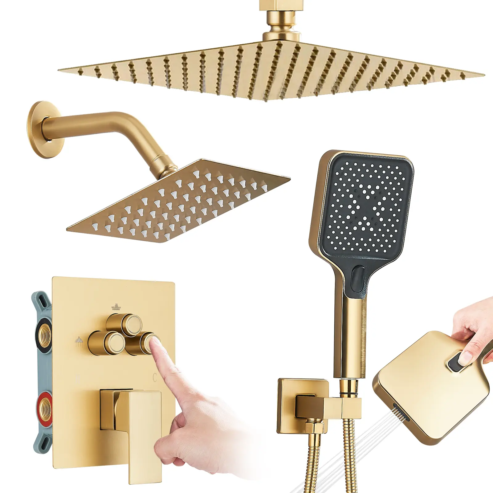 Shower Faucet Set Brushed Gold Shower System, Push Button Diverter Shower Faucet with Trim Kit, Ceiling Mount 10 Inch Shower Head , Wall Mount 6 Inch Shower Head with Handheld Spray
