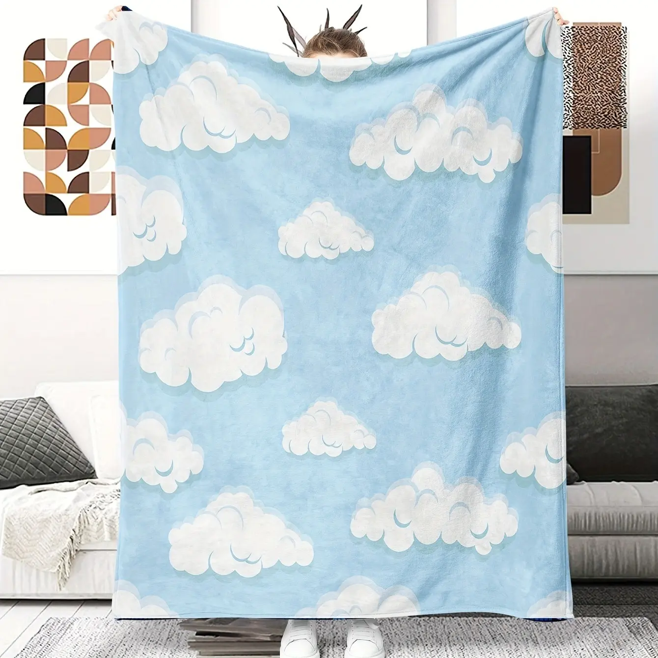 Dreamy Light Blue Sky White Cloud Print Flannel Throw Blanket - Soft Cozy Home Textile Blanket with Plush Finish, Multi-Size Nursery Soothe Gift for Kids, Ideal for Bedroom Sofa Dorm Decor, Flannel Throw Blankets, Sky Clouds