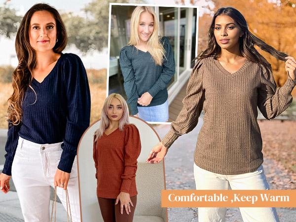 Women's Knit Shirt Soft Puff Long Sleeve Blouse Tops Lightweight V Neck Tunic XS-XXL Casual Winter Fitted Plain Black Thin