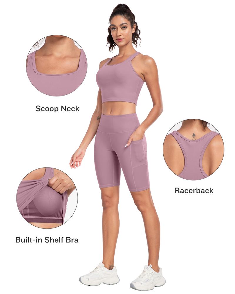 【Free 3-Day Shipping】2026 New 2-Piece Workout Set Racerback Longline Sports Bra & Mult-Pockets Biker Shorts Comfortable Breathable for Everyday Wear Fitness Running Training Sportswear Spring Autumn - Sporty Casual Seamless