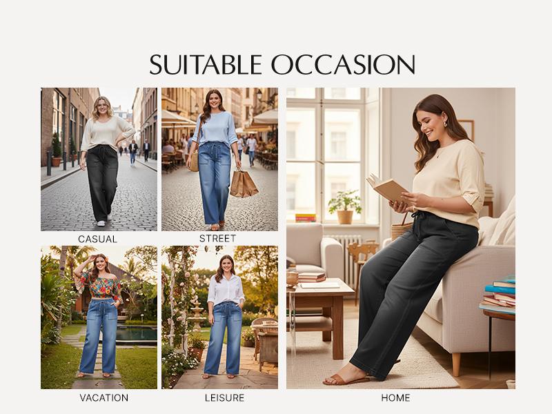 Eytino Plus Size Jeans,High Waisted Straight Leg Stretchy Drawstring Wide Leg Denim Pants for Curvy Women(Sizes 14-32)