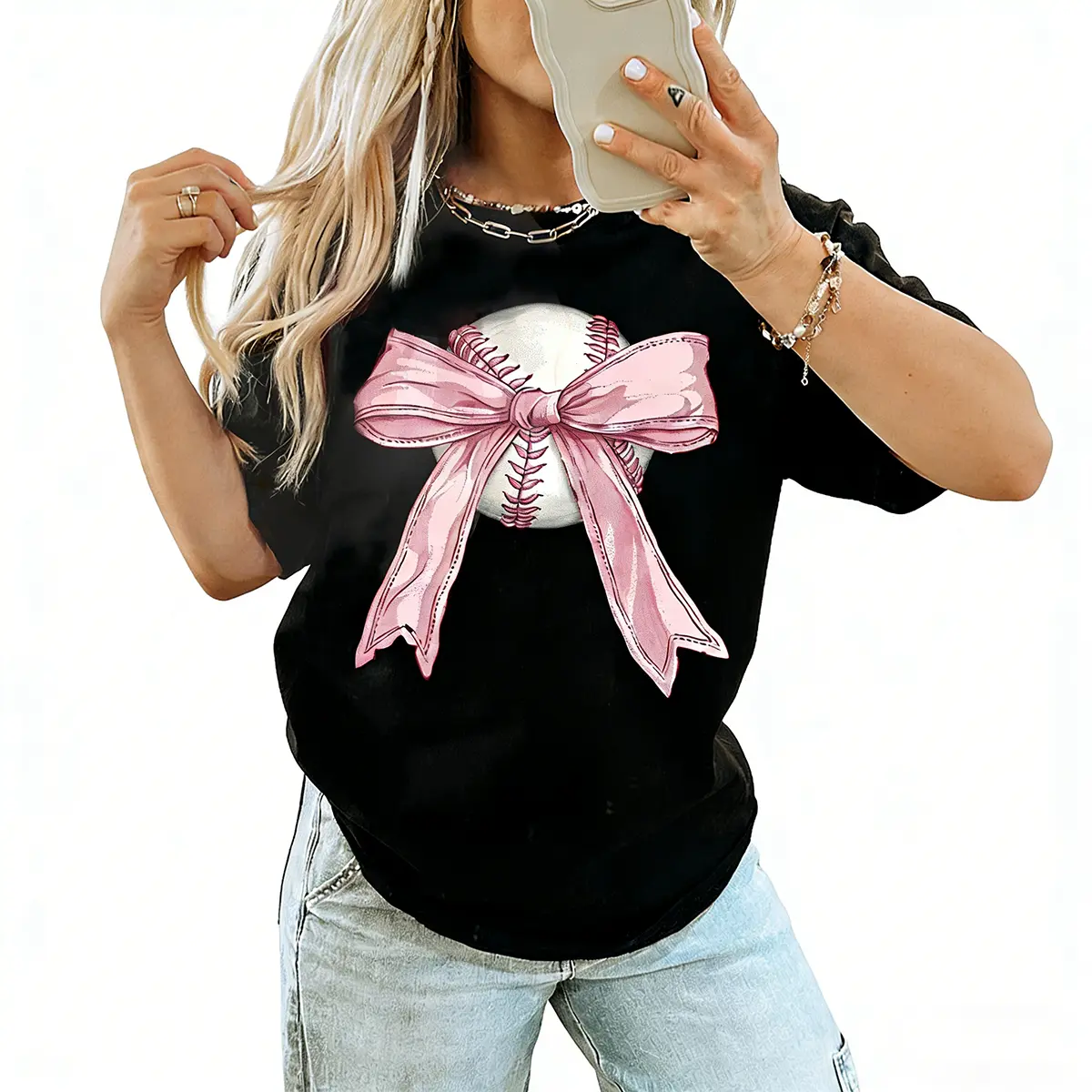 Znacicc Stylish Black Baseball & Bow Graphic T-Shirt for Women Everyday Round Neck Top Perfect for Casual Outings Weekends or Street Style Looks