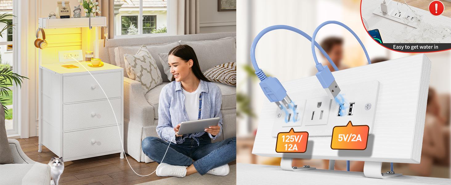 Raybee Tall Nightstand with Charging Station and Led Lights Nightstand with 3 Drawers and Shelves Bedside Table with USB Ports and Outlets, End Table for Bedroom, Side Table with 4 Hooks, Mini Drawer Dresser