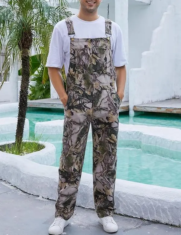 Yuanbang Men's Sleeveless Camouflage Cotton Fabric Loose Leaf Pattern Adjustable Denim Overalls Outfit - Casual Work Bibs Coveralls with Pockets, Zippered Outdoor Fall Winter Menswear Jumpsuit