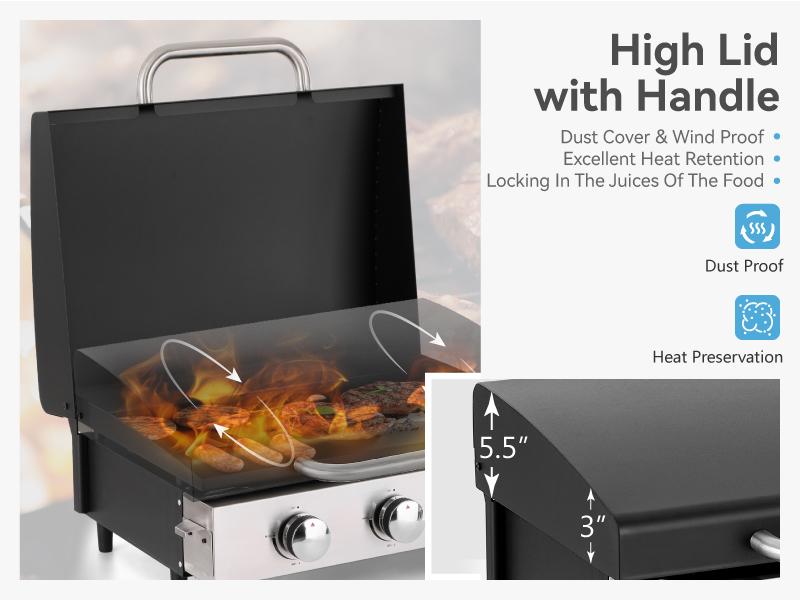 Kitchen Academy 27 Inch Flat Top Grill with Ceramic Coated Cast Iron Pan, 3-Burner Propane Gas, Nonstick Design, Stainless Steel Barbecue Home Food Kitchenware