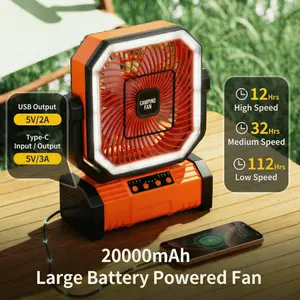 20000mAh Portable Camping Fan with LED Light, Rechargeable Battery Operated Fan with Remote, 4-Speed Strong Airflow, 3-Level Brightness & SOS Strobe, 360° Rotatable with Handle & Hook for Tent, Outdoor, Travel, Power Outage