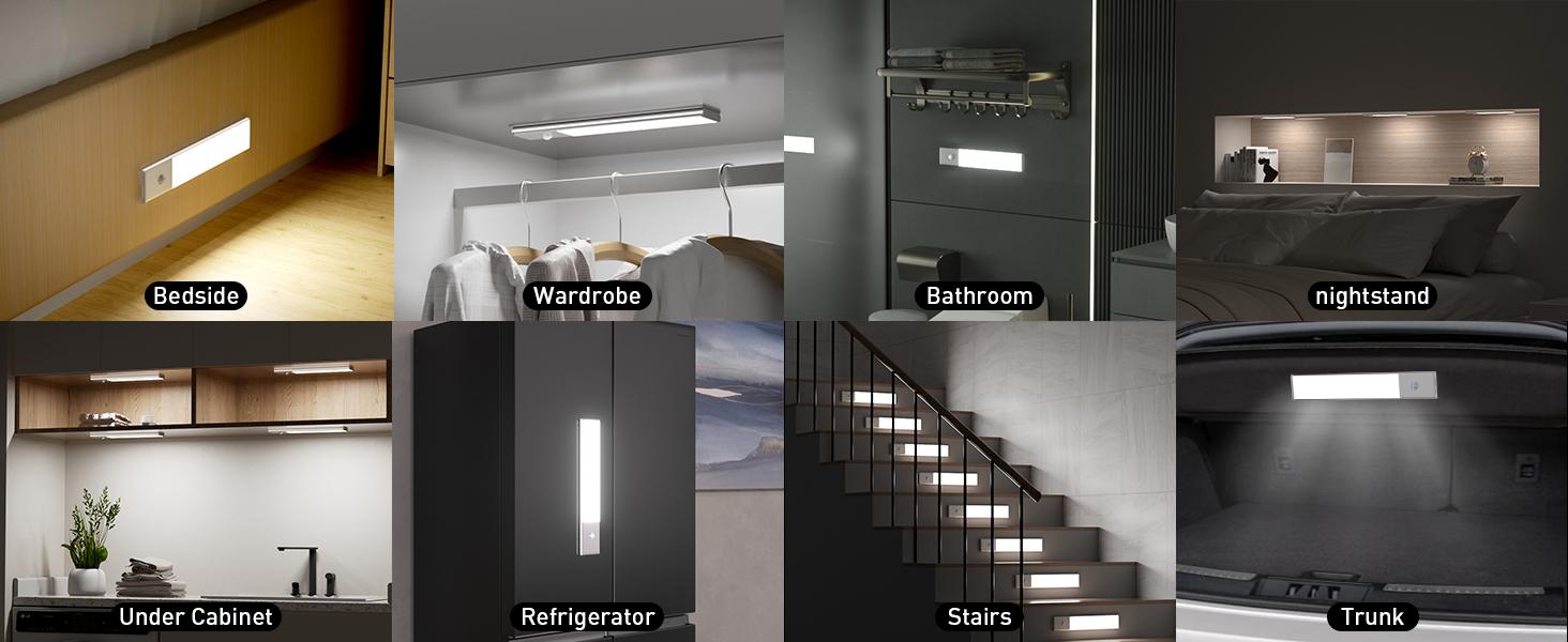 Diomart Aluminum Rechargeable Battery Operated Motion Sensor Lights Indoor Under Cabinet Lighting TYPE C Charging with Cable Wireless Smart Lights for Kitchen Bedroom Stairs White Warm