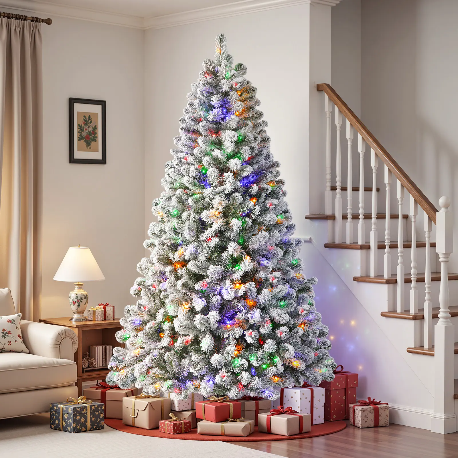 SHareconn Prelit Snow Flocked Artificial Christmas Tree (5/6/7.5/8/9FT) - Hinged Festive Decoration with Remote Light Control, Timer, Warm or Color Glow Lights for Room Decor, Multicolor Sparkle, Colorful Lights