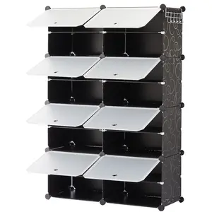 6/8-tier shoe cabinet, 24/32-tier capacity, with side hooks, sturdy metal frame, and black and white plastic panel shelves. Suitable for entryways, living rooms, and walk-in closets