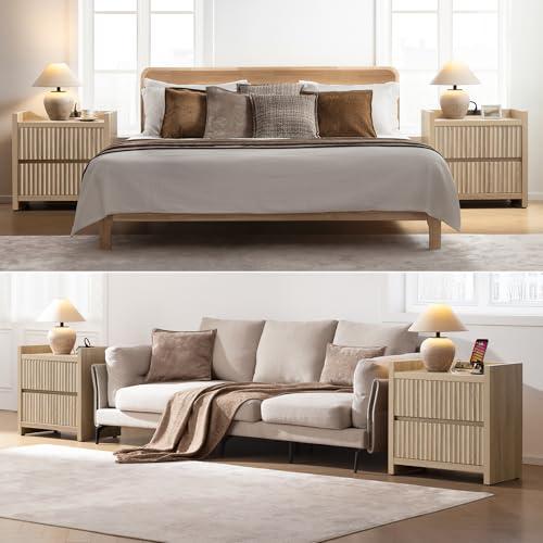 SICOTAS Night Stand Set of 2 Fluted Nightstands with Charger Station, Large Modern Nightstand Bedside Table End Table with 2 Drawers, 25" Wide Farmhouse Night Stands for Bedroom, Sofa Side