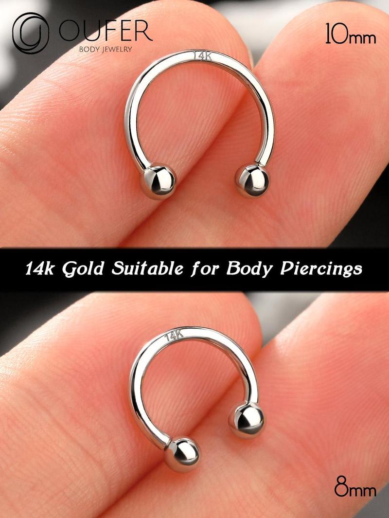 Oufer 14k Solid White Gold 16G Internally Threaded Ball End Horseshoe Septum Nose Piercing Ring -Classic Fit for Everyday Wear Inner Diameter 8mm 10mm