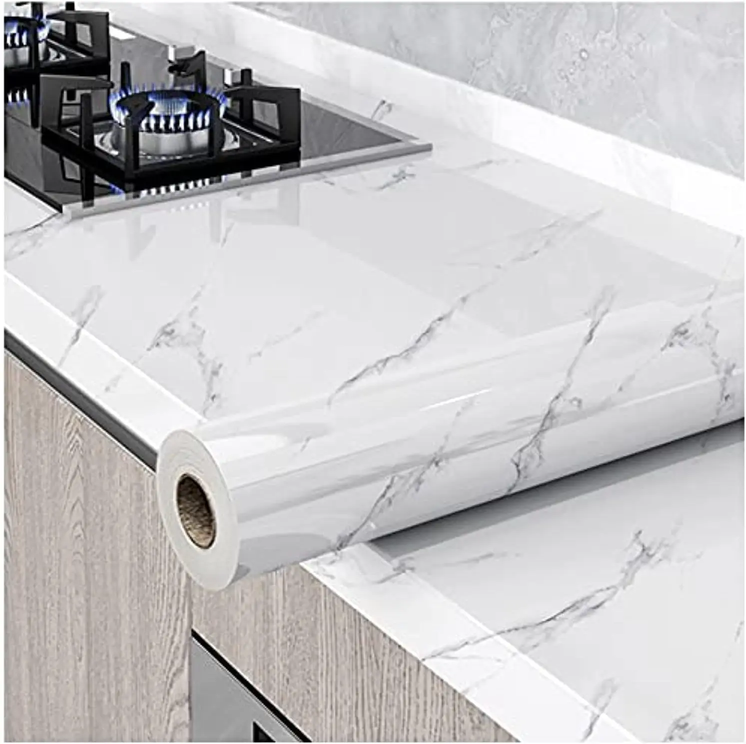 Glossy Granite Look Gray/White Self-Adhesive Peel and Stick Temporary Wallpaper, Renter-Friendly 15.8in×118in Waterproof Removable Countertop Wrap for Kitchen Cabinets, Indoor Use with Easy Maintenance