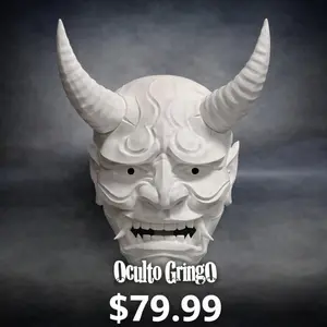 Oculto Gringo Traditional Japanese Hannya Oni Mask with Long Curved Horns Fierce Expression & Sharp Fangs High Detail 3D Printed