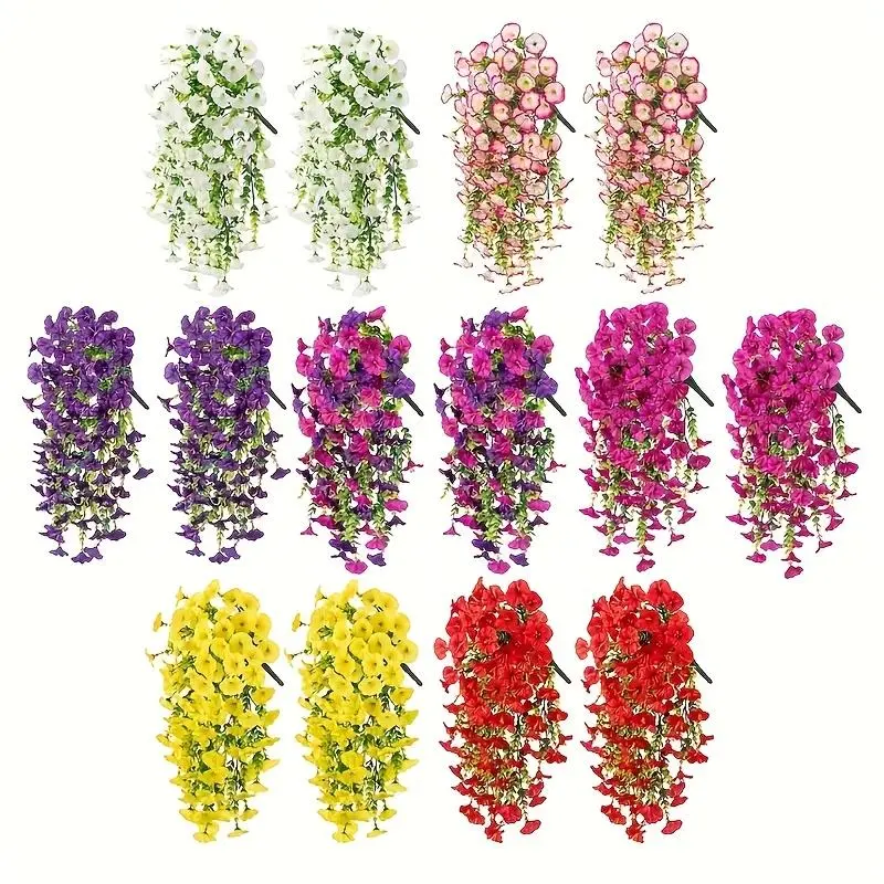 2pcs Hanging Artificial Morning Glory Vine - UV-Resistant Plastic Fake Flowers with Flower Design, Decorative Plants for Backyard Outdoor, Garage & Living Room Aesthetic House Decor Decoration Items Home Supplies