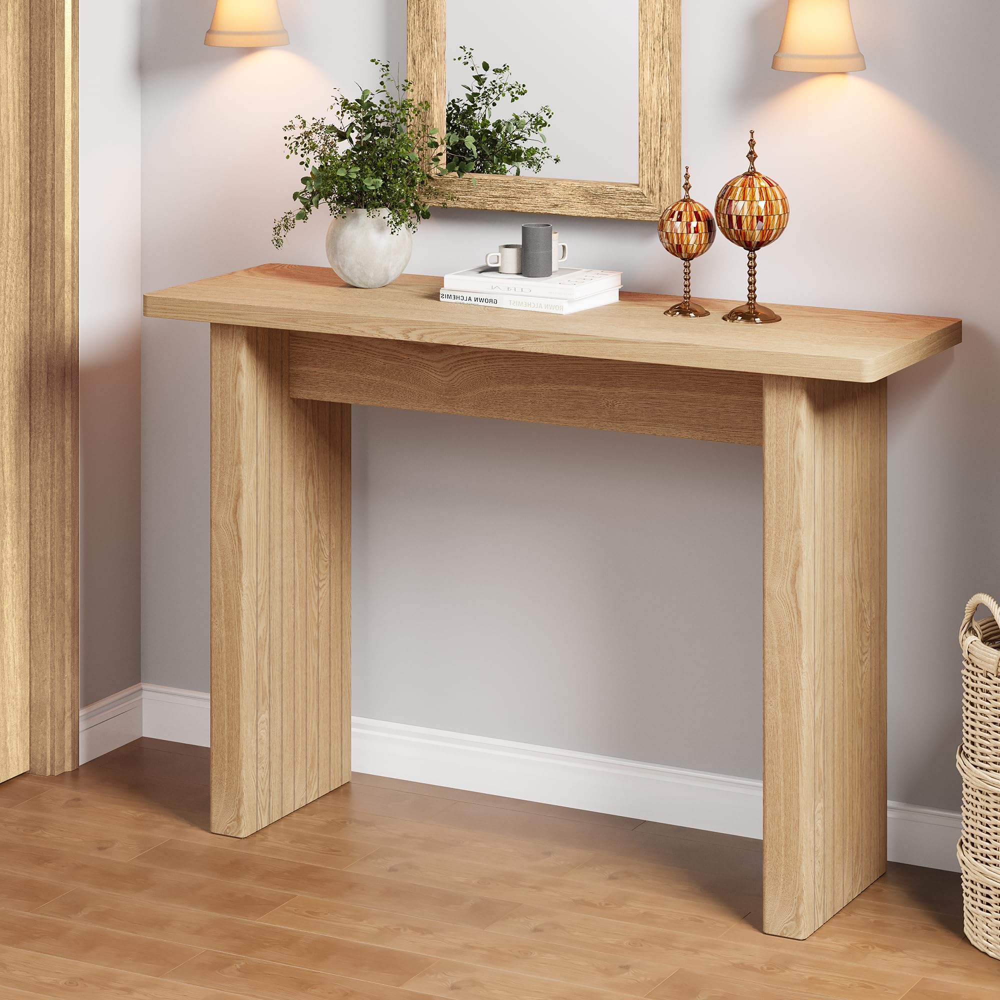 Giratree 43.3" Fluted Wood Couch Table Behind Sofa Long and Skinny for Living Room Hallway Entrance Foyer Mid Century Narrow Entryway Console Table