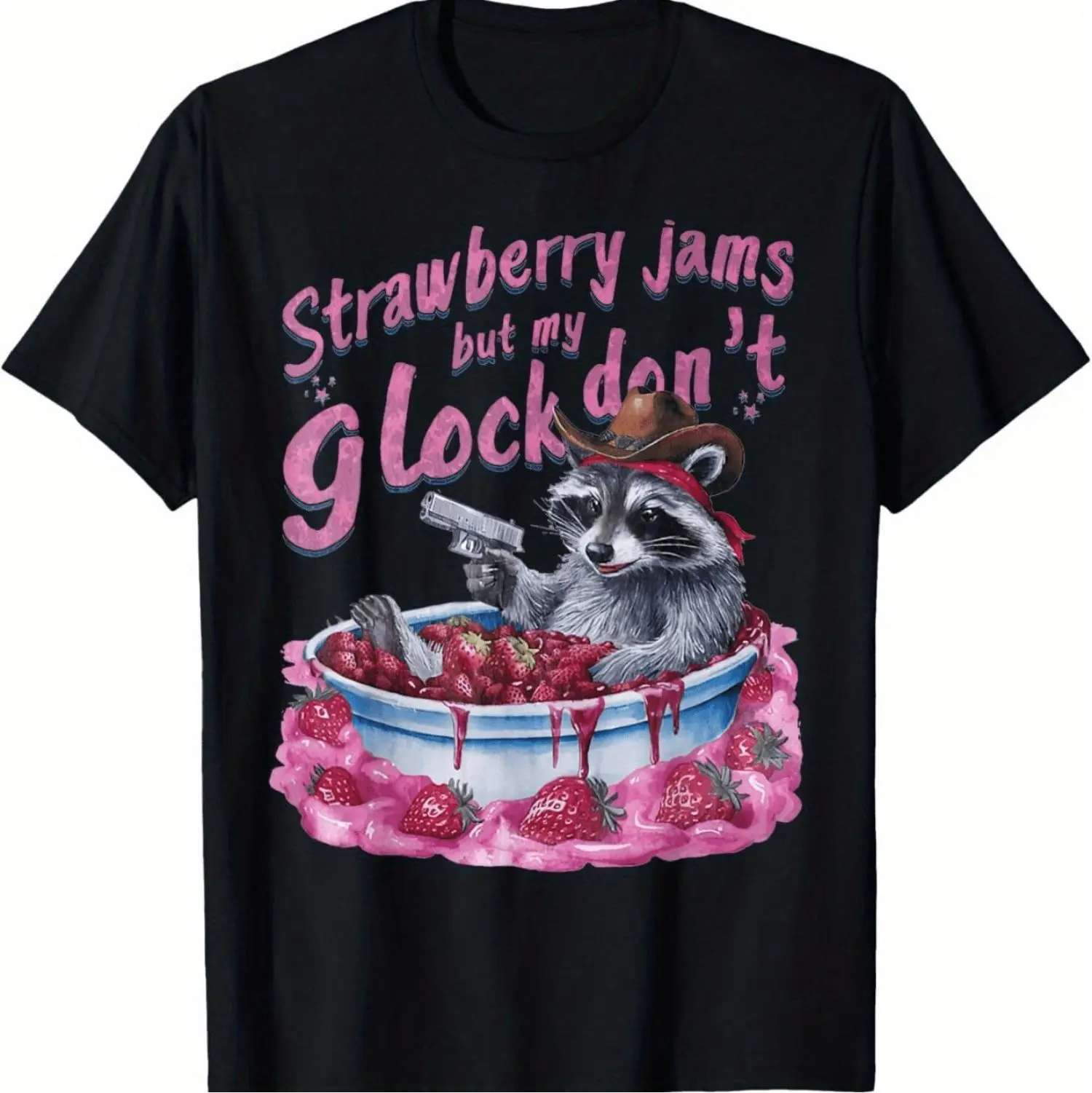 Playful Raccoon Cowboy Cotton T-Shirt Featuring Strawberry Jam And Toy Gun Design