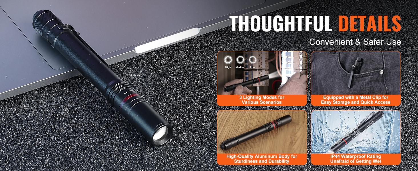 VEVOR 5.9 Inch Rechargeable Penlight 300 lumens 3 Lighting Modes Pocket Penlight