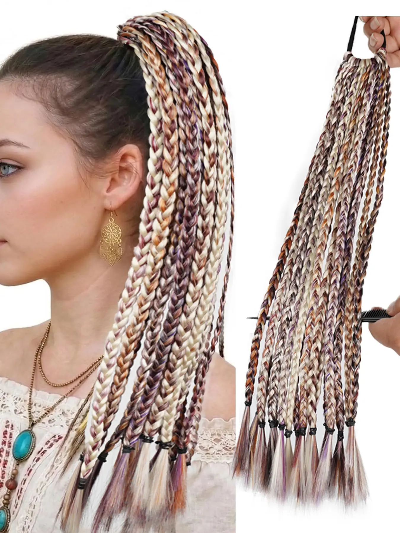 Vibrant Multi-Tonal Boho Braid Ponytail Extension, 18" Hand-Braided Synthetic Dreadlock, Synthetic Hairpiece, Lightweight Natural Hair for Festival & Cosplay, Bohemian Braided Wig, Braided Dreadlock Wig