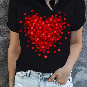 Heart Print T-shirt, Short Sleeve Crew Neck Casual Top For Summer & Spring, Women's Clothing