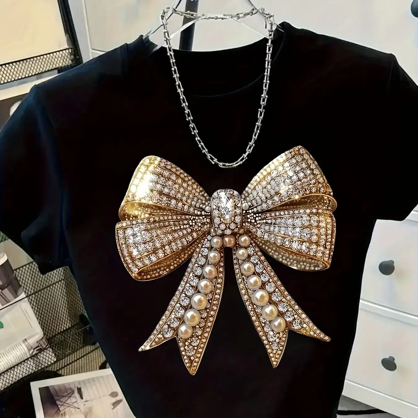 Women's Cotton Printed Tshirt - Shiny Golden Bow, Crystal & Rhinestone Embellished, Round Neck Short Sleeve, Streetwear Fit, Machine Washable Casual Party Piece, Black & Golden Statement Top