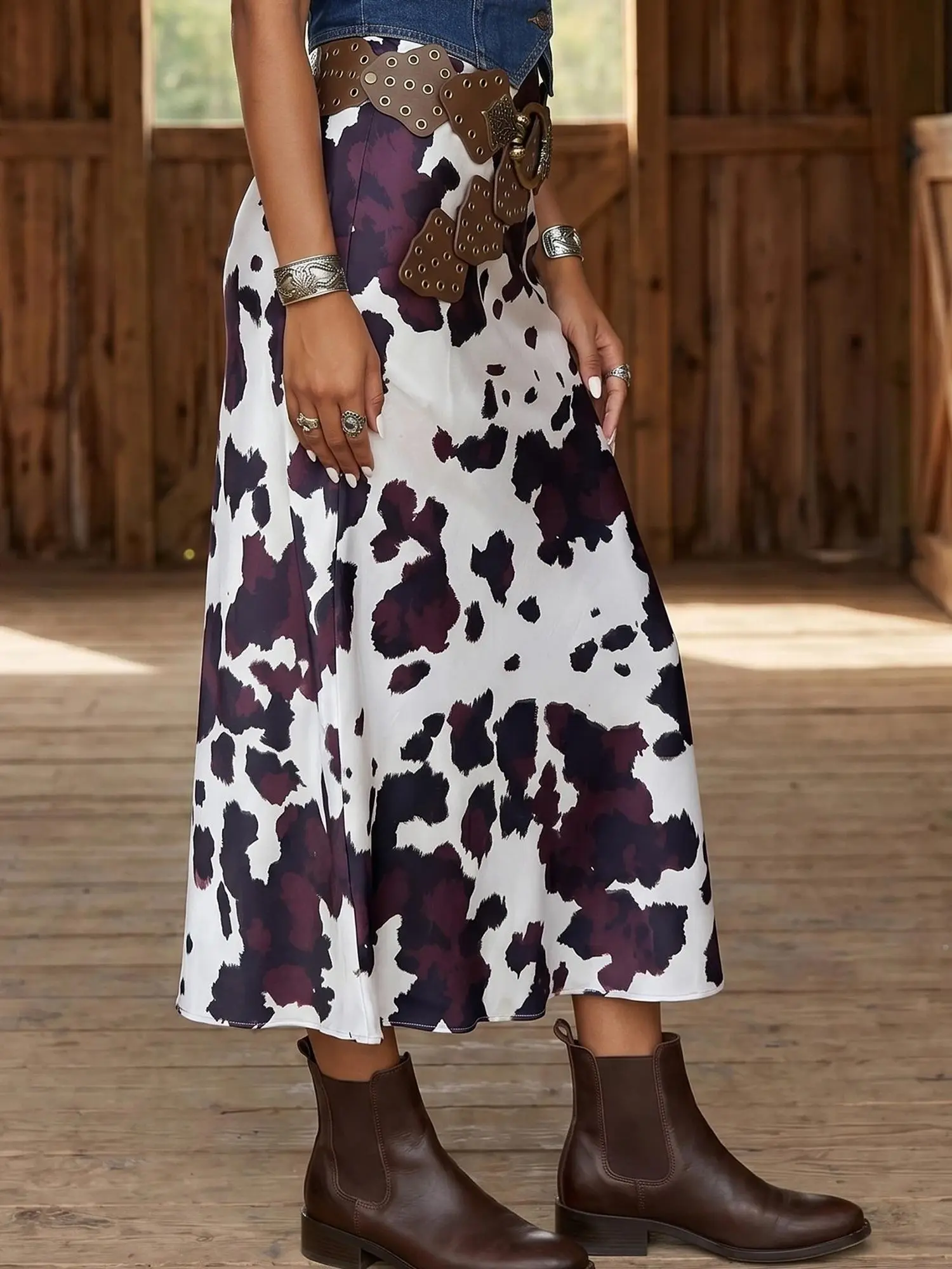 Women’s Abstract Cow Print High-Waist Midi Skirt, Asymmetrical Western Boho Long Skirt for Country Concerts, Rodeos, Festivals and Date Nights Fitted Belt