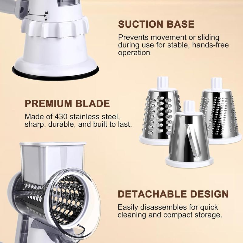 Rotary Cheese Grater Hand Crank Vegetable Slicer with 3 Stainless Steel Blades for Fruit Vegetables Nuts White Kitchen Tool Safe Easy Clean