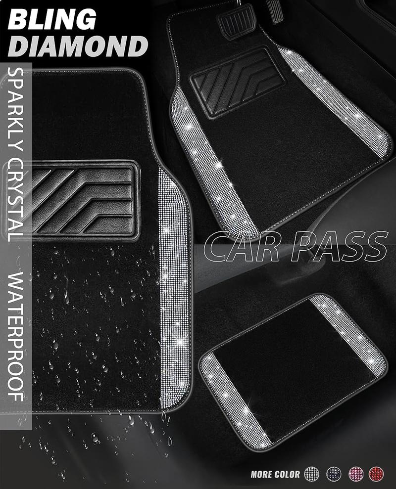 CAR PASS Bling Diamond Car Floor Mats,Shining Rhinestone Carpet Sparkly Glitter Anti-Slip Waterproof Universal Fit SUV,Sedan,Van,Cute Girl Women,4pcs