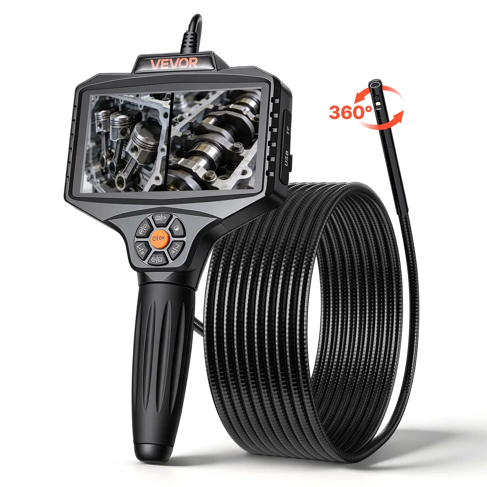 【Summerfinds】VEVOR 5-Inch IPS Screen Dual-Lens View 1080P HD Industrial Borescope Inspection Camera, 360° Rotate Rigid Cable Snake Probe with Light, 16.4 ft Cable Motor Diagnostic Tool with 5000mAh Batteries for Wall, Automotive Engine Checks, 5 Inches
