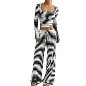Womens Striped 2 Piece Sets Square Neck Top Cropped Tunic Wide Leg Pants Casual Lounge Sweatsuits Vacation Clothes