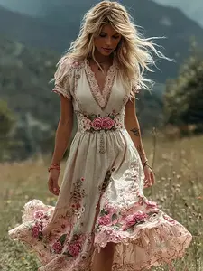 Women's All Over Print Shirred Dress, Boho Fashion Short Sleeve V Neck Dress for Daily Holiday Vacation Wear, Women Dress for Summer Bohemian