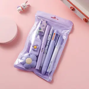 7 Pcs Cute Purple Stationery Set, Kawaii School & Office Supplies Including Ballpoint Pens, Pencil Sharpener, Highlighter, Correction Tape, Ruler, Utility Knife educational learning tool material gift