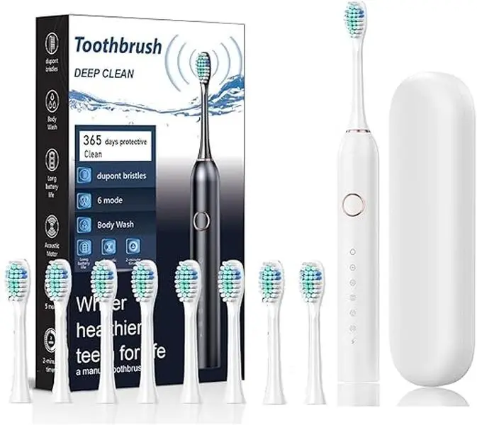 Adult Sonic Electric Teeth Cleaner - Power Toothbrushes with 6 Modes (Sensitive Teeth, Whitening Mode), 42000 VPM Power, 180-Day Battery Life, 8 Brush Heads, Travel Case, White, Home Teeth Cleaner