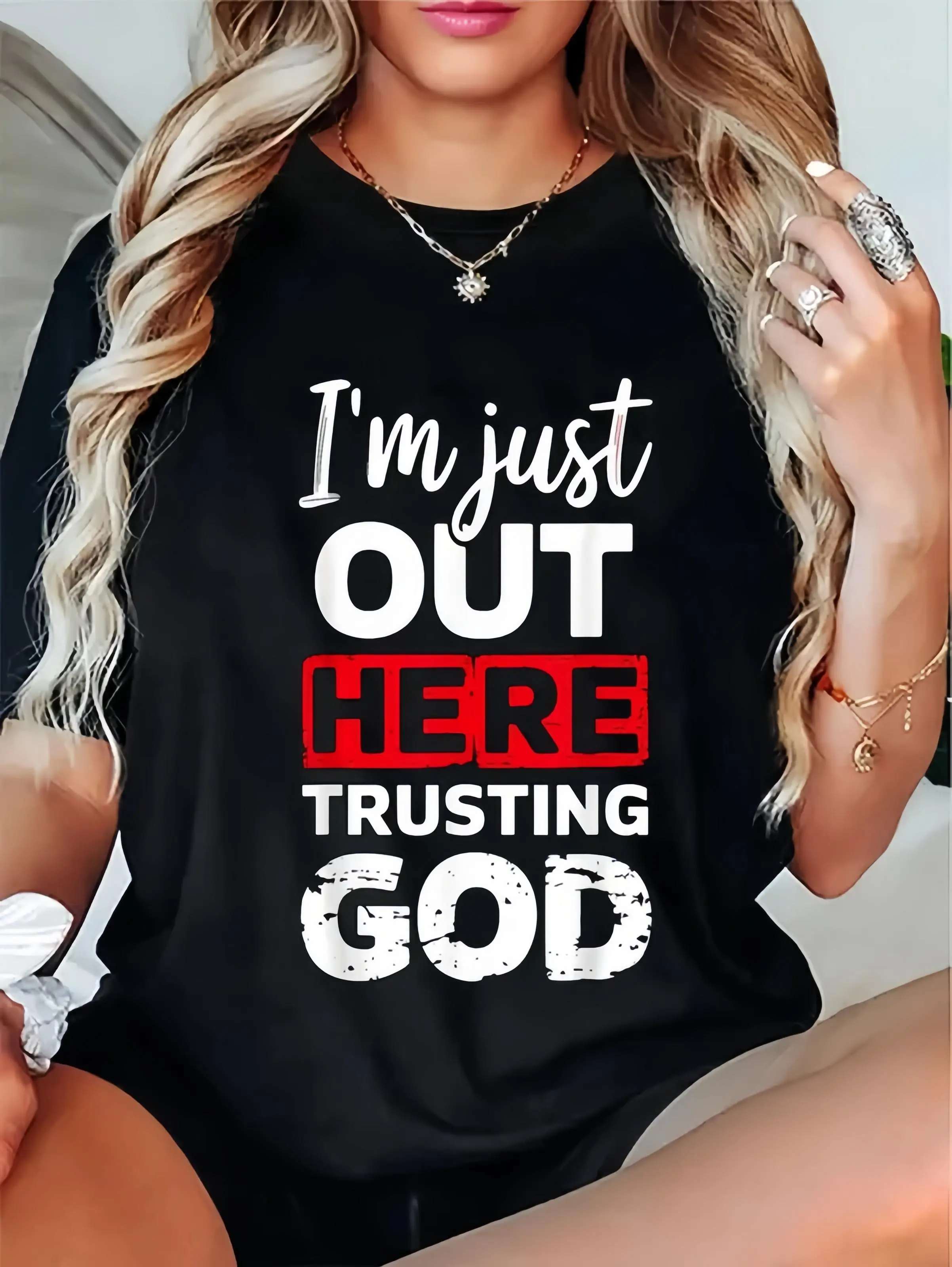 Women's 100% Cotton Short-Sleeve Fitted Round Neck Christian Theme Graphic Tee - Casual Cotton Tee with Religious Quote "I'm Just Out Here Trusting God", Graphic Print, T-Shirt, Trusting God Tee