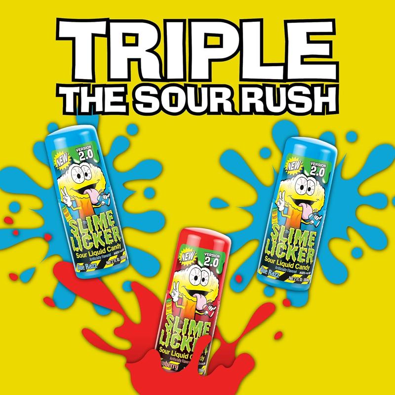 Toxic Waste Slime Licker 2.0 Liquid Candy, suitable for kids teens and parties, sour liquid candy snack, 3 pack assorted flavors, 2 oz bottles, intense sour kick, fun treat moments