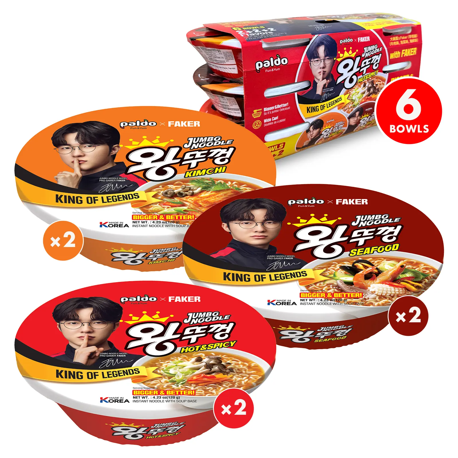 [Paldo Official]Paldo Wang Tukong-Jumbo Noodles (6 Cups)× FAKER - Korean Instant Ramen Variety Pack, 3 Flavors:Hot & Spicy, Kimchi, Seafood | 4.23 oz Each | Instant Soup Base | Perfect for Ramen Lovers, Busy Professionals, and Families | 【King Of Legend】