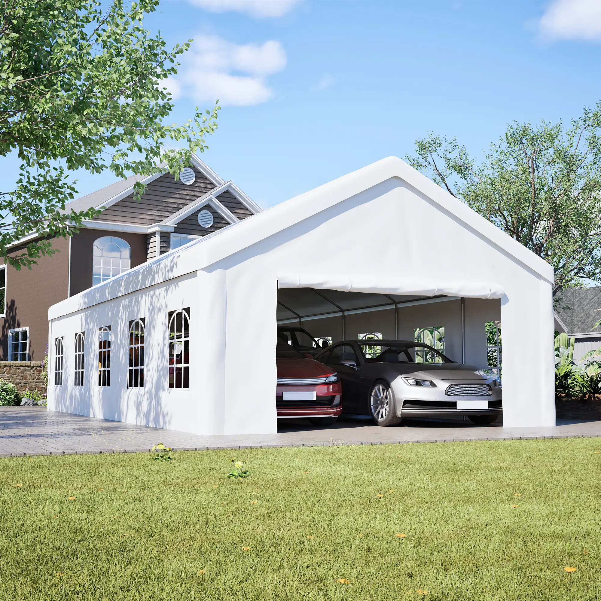 16x32 FT Sturdy Heavy-Duty Portable Carport Canopy - Metal Garage Shelter with Waterproof Removable Cover, Sidewalls, Adjustable Design, Outdoor Storage, Sun Protection for Versatile Use with Cars, Trucks