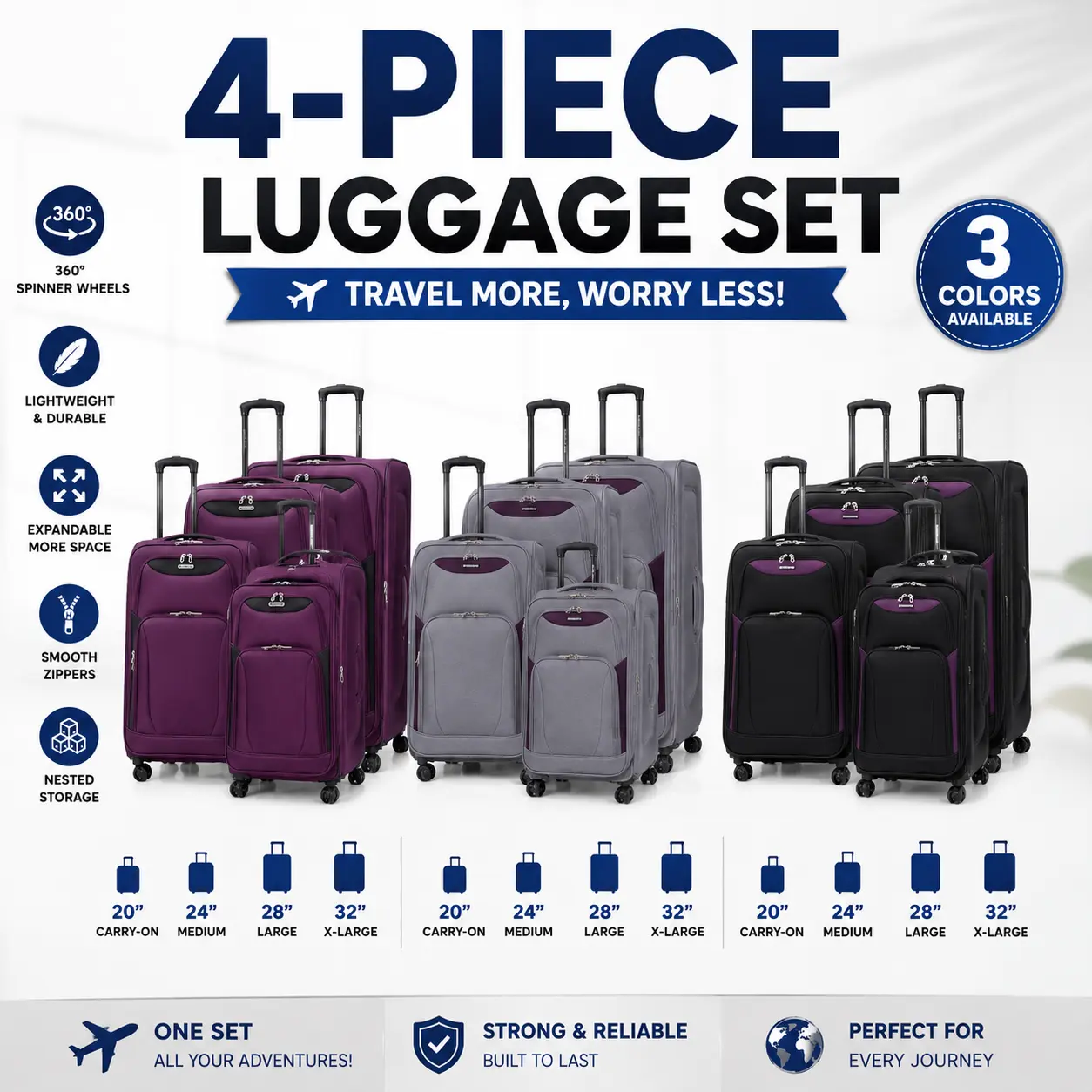 4-Piece Expandable Softside Luggage Set with Spinner Wheels, Lightweight Travel Suitcases 20/24/28/32 Inch