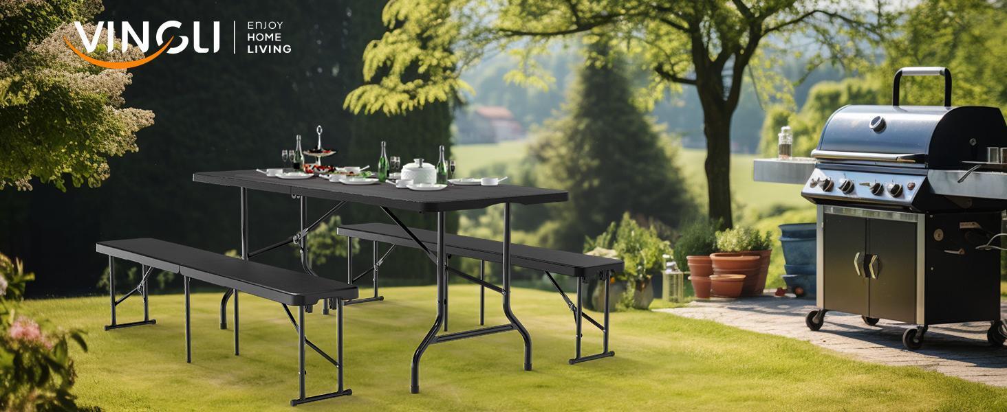 VINGLI 6 feet Plastic Folding Bench,Portable in/Outdoor Picnic Party Camping Dining Seat, Garden Soccer Multipurpose Entertaining Activities, Smooth HDPE Tabletop, 1/2 Pack, White/Black/Brown