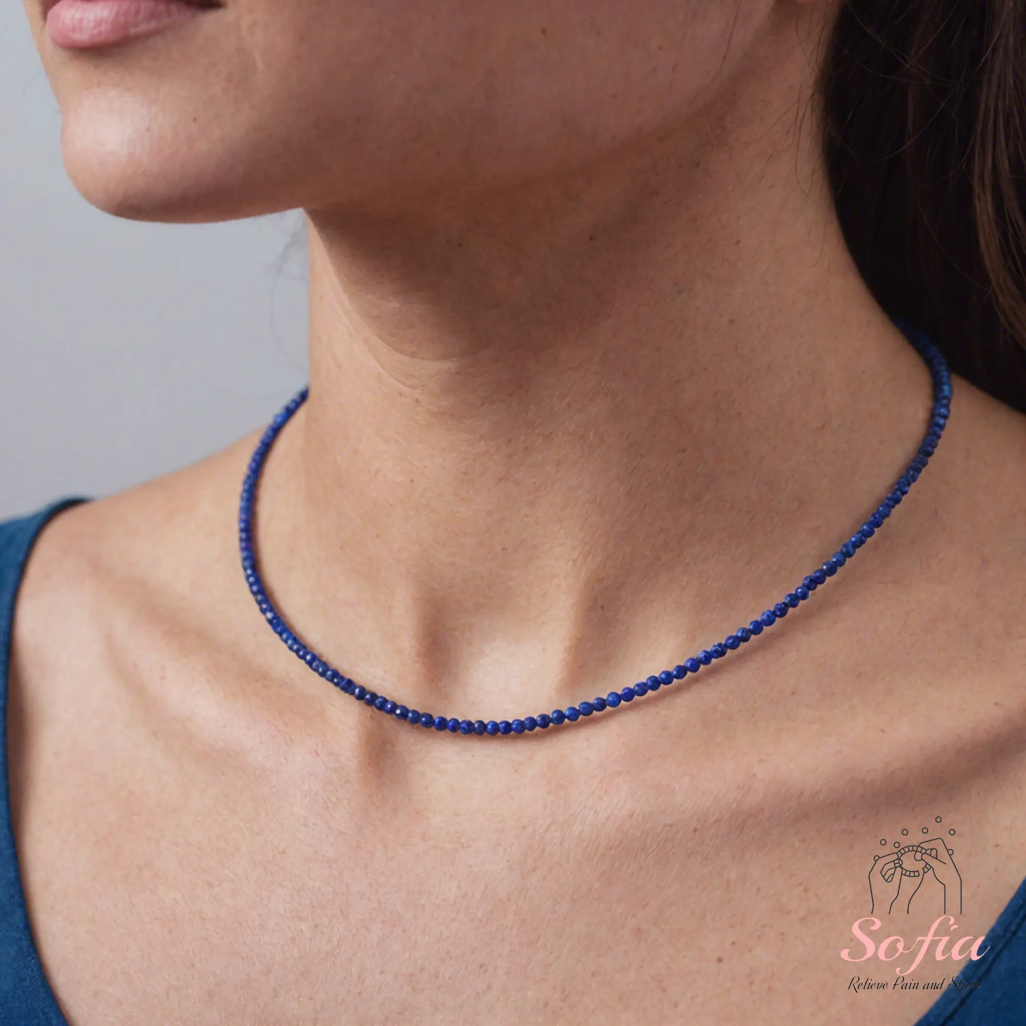 Women's 16 Inches Adjustable Handmade Lapis Lazuli Beads Choker Necklace - 2 ~ 3 Mm Tiny Faceted Gemstone, Waterproof Crystal, Minimalist Style for Female Daily Wear, Gift Option