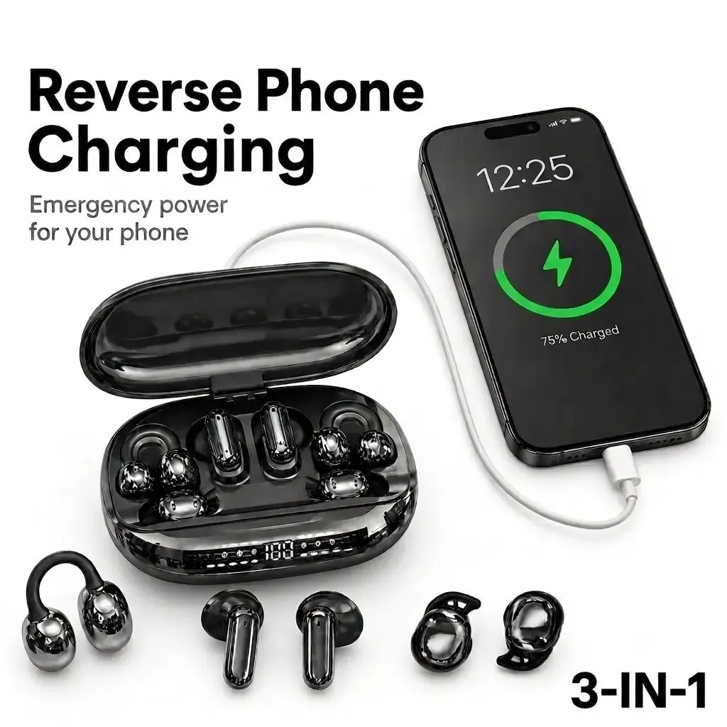 GT699S 【6 Earbuds+Charges Phones】Wireless Headphones With Power Bank Case, 3-IN-1 Sleep, In-Ear & Clip-On Earbuds Included, Reverse Phone Charging, Ideal for Sports & Sleep, Earphones for Music & Calls, Compatible with Android & iOS Audio Electronic