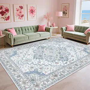 QULINT Blue Grey Bohemian Washable Rugs For Living Room, Soft Low Pile Rug Non Slip Decorative Rug For Bedroom, Performance Rug For Home Decor, Ideal For High Traffic Areas, Gift For Mother's Day, Easter,Housewarming non-shedding boho large carpet rug