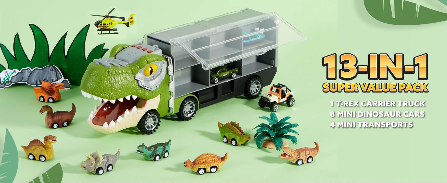 JOYIN 17inch 13 in 1 Dinosaur Transport Carrier Truck Set with 12 Pull Back Cars & 3 Die-cast Vehicles for Kids 3+ Year Old Boys Christmas Gifts  easter gifts for kids