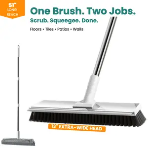 Floor Scrub Brush with 51-Inch Long Adjustable Handle 2 in 1 Scrape Brush Stiff Bristle 13" Extra Wide Head for Cleaning Shower Bathroom Garage Kitchen Wall Deck Tub Tile