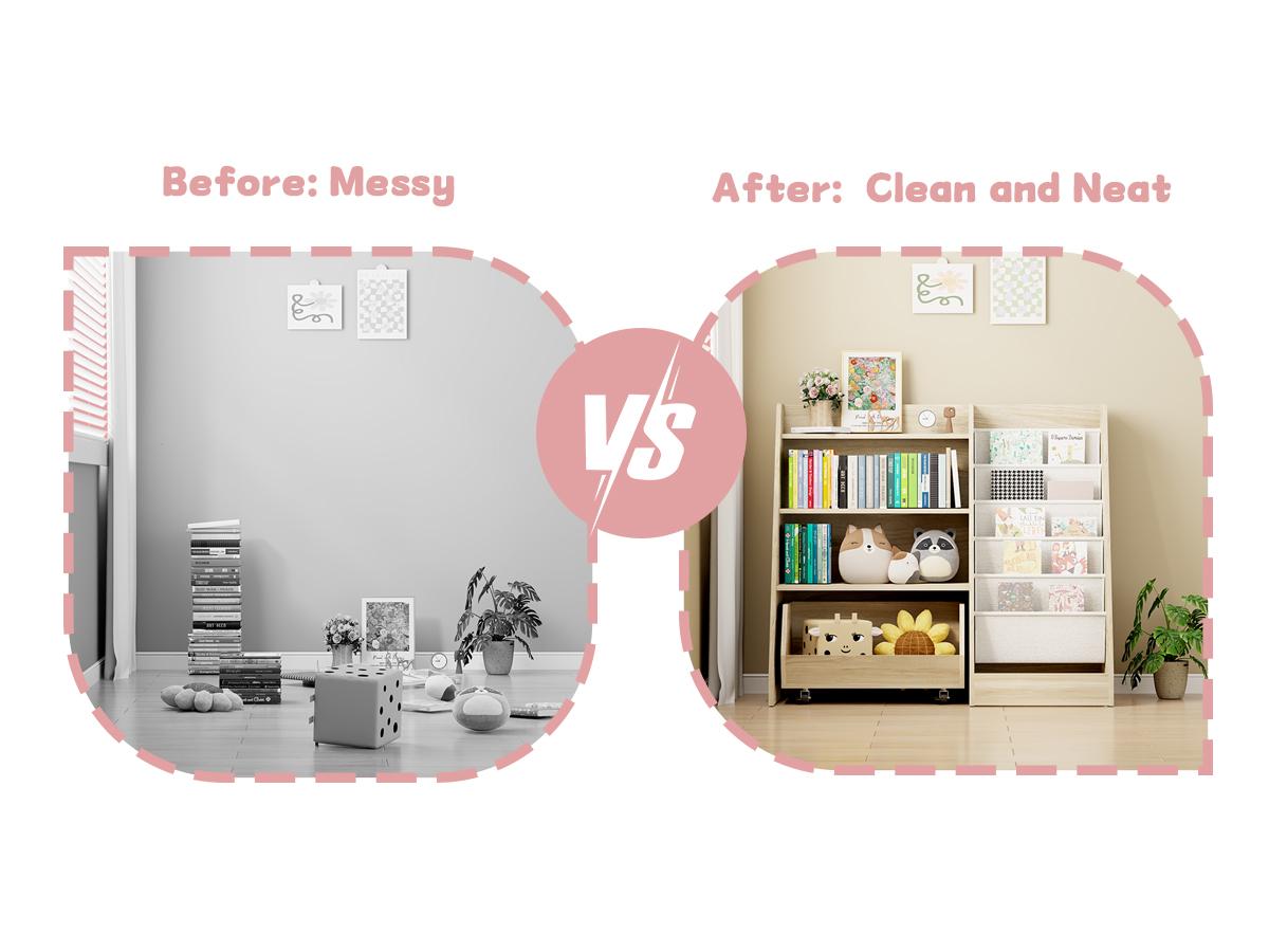 COZPAW Kids Bookshelf and Toy Storage, 4 Tier Toddler Bookshelf with Movable Drawer 5 Sling Pockets, Montessori Book Shelf for Kids Room, Playroom, Nursery (Oak) COZPAW Kids Bookshelf and Toy Storage, 4 Tier Toddler Bookshelf with Movable Drawer 5 Sling Pockets, Montessori Book Shelf for Kids Room, Playroom, Nursery (Oak)