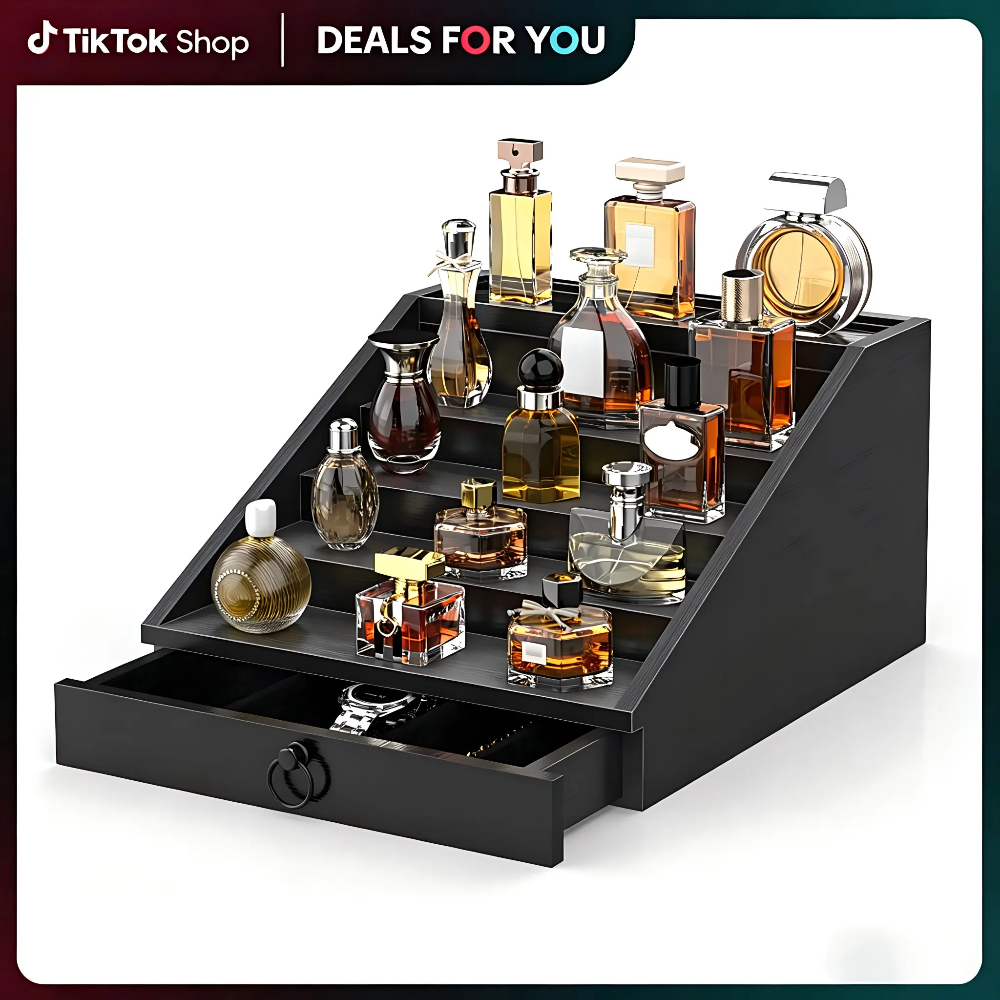 4-Tier Black Woody Velvet Perfume Tray Organizer with Storage Drawer, Cologne Stand Display, Desktop/Bathroom Dresser Vanity Countertop Rack, Thoughtful Birthday & Special Occasion Gift, 4Tier-Black, Birthday Gifts For Him